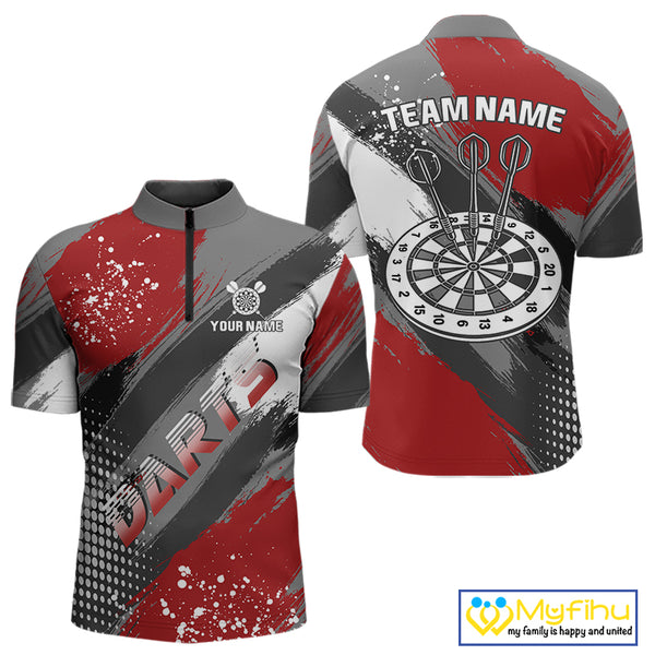 Personalized Red And Grey Grunge Darts Shirt For Men Custom Darts Jerseys Team Polo & Quarter Zip TDM4337