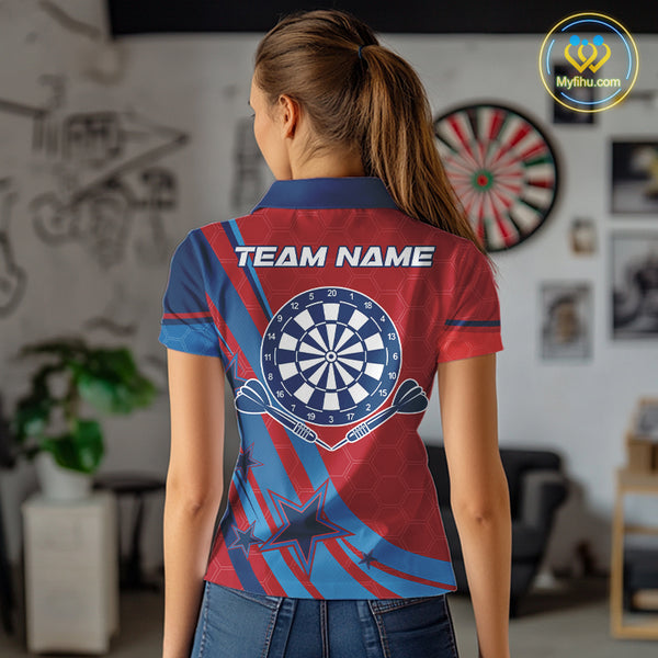Red And Blue Stars Darts Shirt For Women Custom Dartboard Jerseys Team Polo & 1/4 Zip, Darts Outfit TDM4357