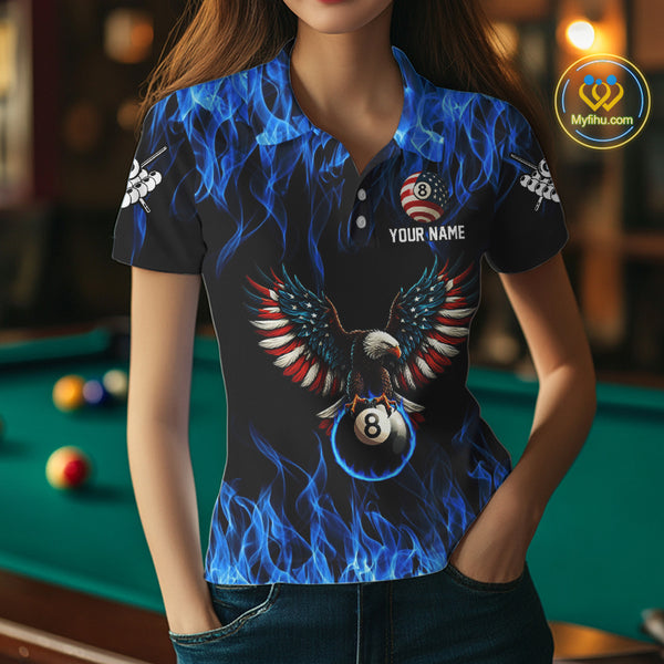 Blue Flaming American Flag Eagle 8 Ball Billiard Shirt For Women Custom Patriotic Pool Team Jersey TDM4328