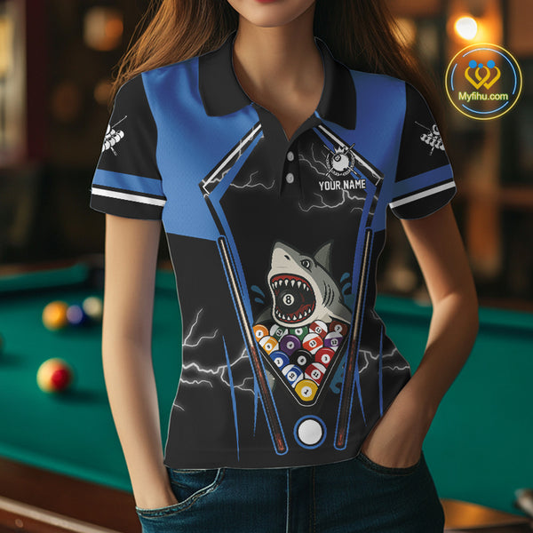 Black Blue Funny Pool And Shark Billiard Shirts For Women Custom 8 Ball Billiard Team Jerseys TDM4081