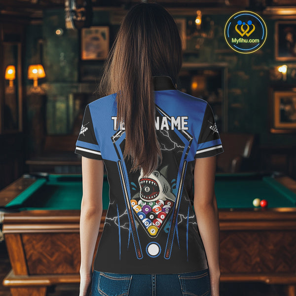 Black Blue Funny Pool And Shark Billiard Shirts For Women Custom 8 Ball Billiard Team Jerseys TDM4081