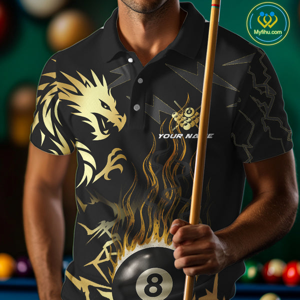 Black And Gold Flame 8 Ball Pool Shirt For Men Custom Dragon Billiards Team Jersey Polo & 1/4 Zip TDM4103