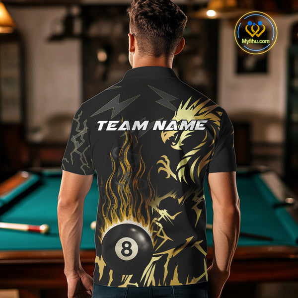 Black And Gold Flame 8 Ball Pool Shirt For Men Custom Dragon Billiards Team Jersey Polo & 1/4 Zip TDM4103