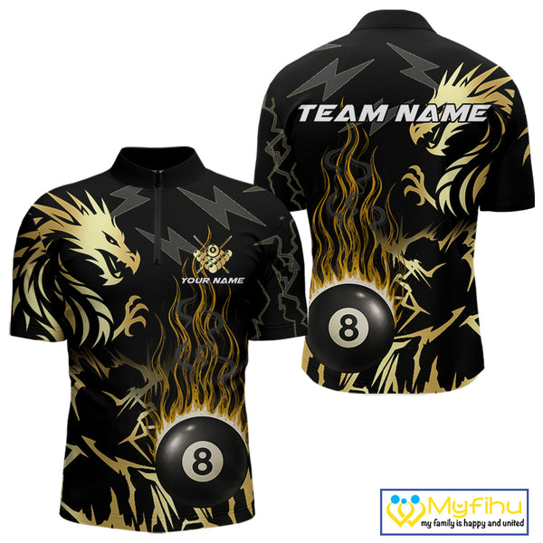 Black And Gold Flame 8 Ball Pool Shirt For Men Custom Dragon Billiards Team Jersey Polo & 1/4 Zip TDM4103