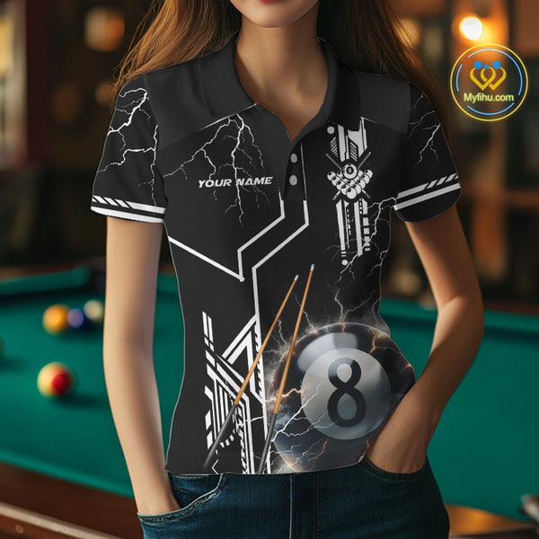 Personalized Thunder Lighting 8 Ball Shirt For Women, White Black Billiard Team Shirts, Pool Jerseys TDM4110