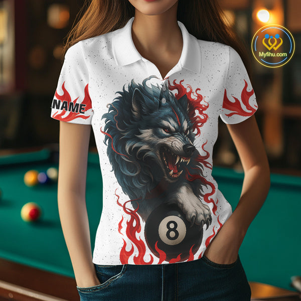 Personalized Wolf Flaming 8 Ball Billiard Shirts For Women Custom Billiard Pool Team Jersey |Red TDM4111