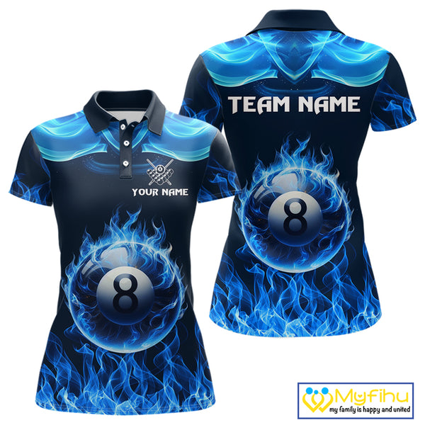 Blue Flaming 8 Ball Pool Billiard Shirts For Women Custom Polo & Quarter Zip Billiard Team Jerseys TDM3999