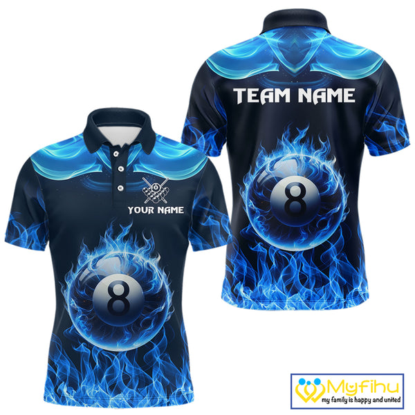 Blue Flaming 8 Ball Pool Billiard Shirts For Men Custom Polo & Quarter Zip Billiard Team Jerseys TDM3999