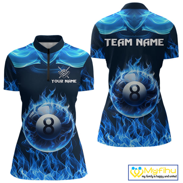 Blue Flaming 8 Ball Pool Billiard Shirts For Women Custom Polo & Quarter Zip Billiard Team Jerseys TDM3999