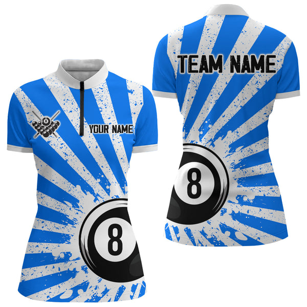 Funny Grunge Billiard 8 Ball Women Polo & Quarter-Zip Shirts Custom Blue 8 Ball Pool Jerseys Attire TDM1694