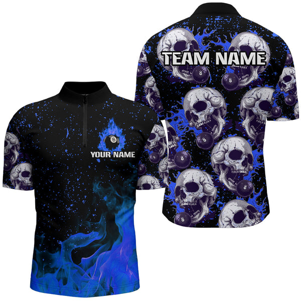 Customized Blue Billiard Skull Fire 8 Ball Men Polo & Quarter-Zip Shirts, Grunge Pool Team Jerseys TDM1747
