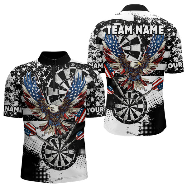 Custom Dart Shirt For Men, Grunge Eagle American Flag Black White Polo, 1/4 Zip Darts Jersey TDM3877