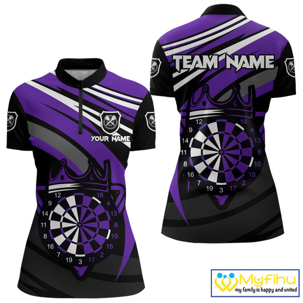 Black And Purple Dartboard Crown Darts Shirt For Women Custom Darts Sport Jersey Team Polo & 1/4 Zip TDM4794