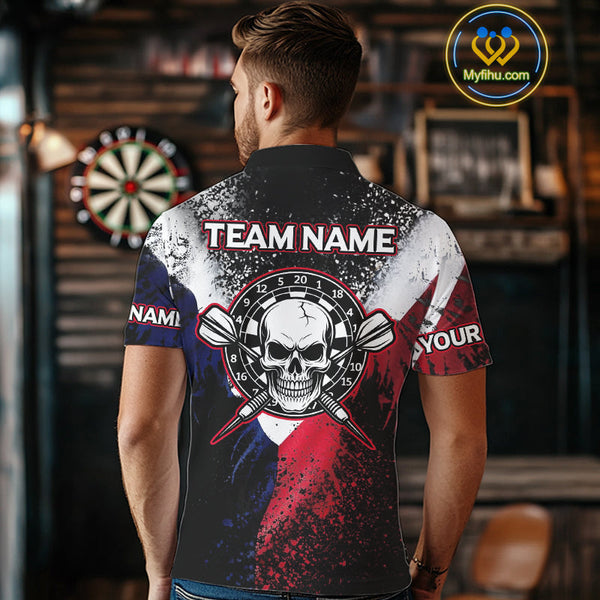 Custom Red, White And Blue Skull Darts Team Polo Shirts For Men, Dart Jerseys NYN0076