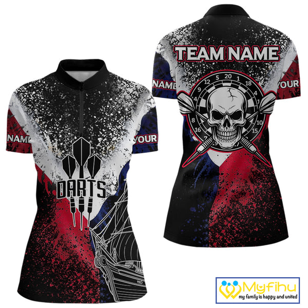 Custom Red, White And Blue Skull Darts Team Quarter-Zip Shirts For Women, Dart Jerseys NYN0076