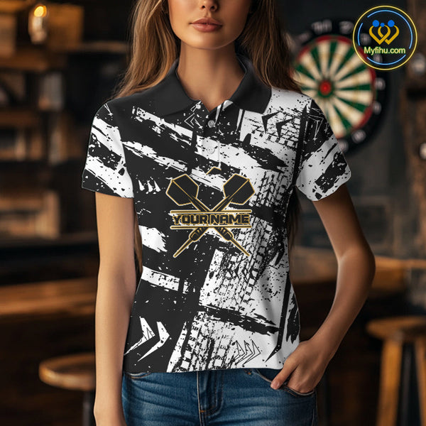 Custom Grunge Black And White Tire Dart Team Polo Shirts For Women, Dart Jerseys NYN0079