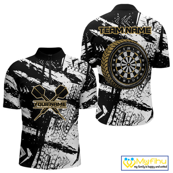 Custom Grunge Black And White Tire Dart Team Quarter-Zip Shirts For Men, Dart Jerseys NYN0079