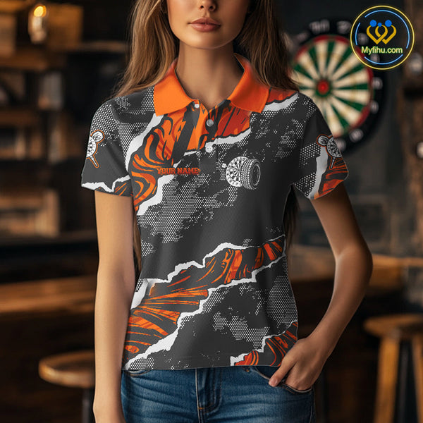 Custom Black And Orange Camo Dart Jerseys, Dart Polo Shirts For Women, Dart League Shirt NYN0083