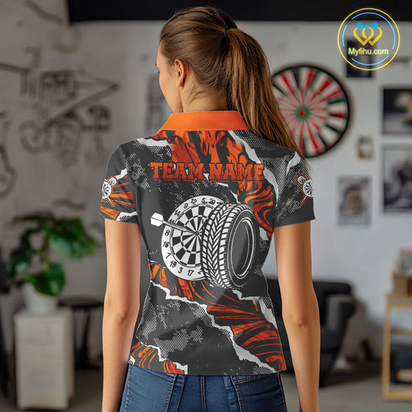 Custom Black And Orange Camo Dart Jerseys, Dart Polo Shirts For Women, Dart League Shirt NYN0083