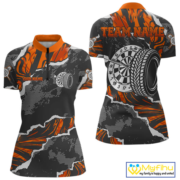 Custom Black And Orange Camo Dart Jerseys, Dart Women Quarter-Zip Shirt, Dart League Shirt NYN0083