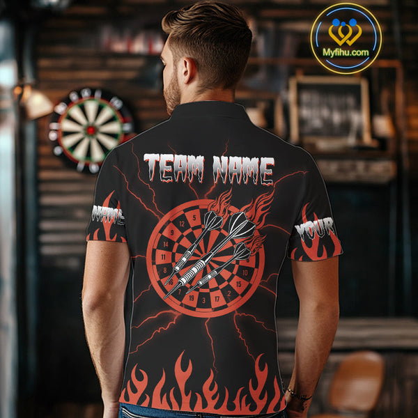 Custom Black And Red Flame Skull Darts Men Polo Shirts, Thunder Lightning Dart Jerseys NYN0085