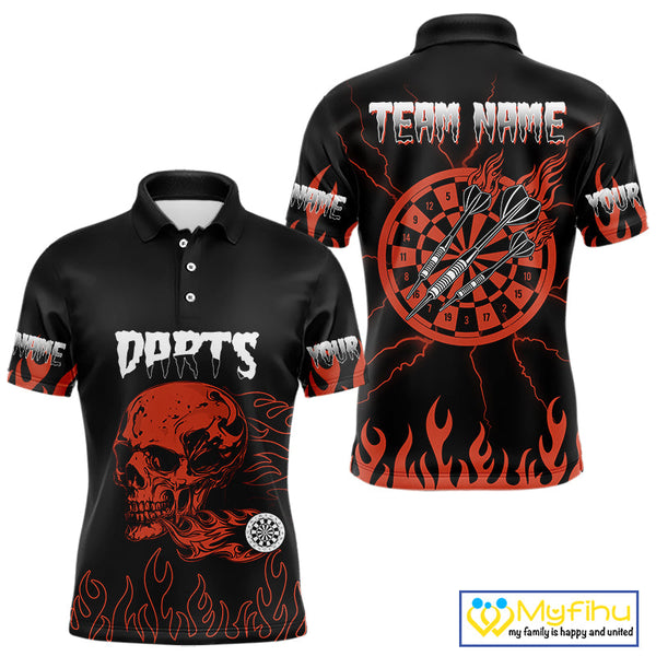 Custom Black And Red Flame Skull Darts Men Polo Shirts, Thunder Lightning Dart Jerseys NYN0085