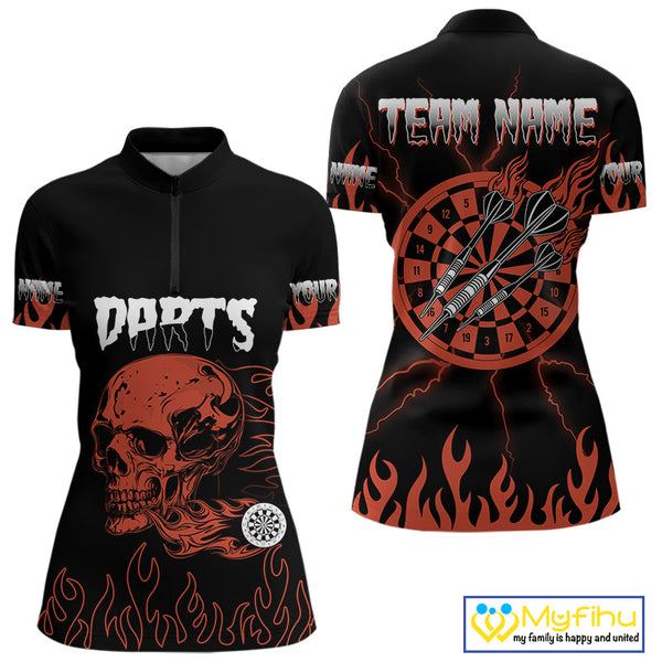 Custom Black And Red Flame Skull Darts Women Quarter-Zip Shirts, Lightning Dart Jerseys NYN0085