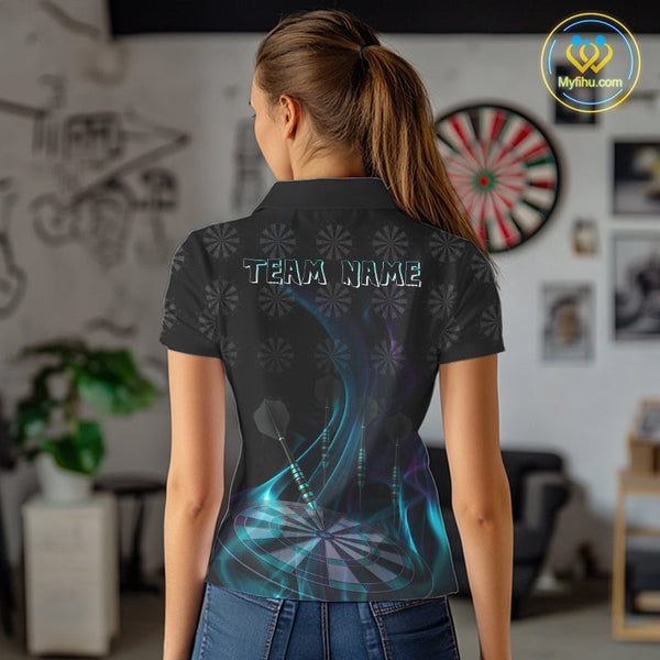 Custom Black Blue Dartboard Neon Effect Darts Polo Shirts For Women, Dart Jerseys NYN0692