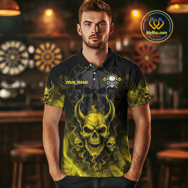 Custom Yellow Smoke Skull Darts Team Men Polo Shirts, Halloween Dart Outfit NYN0086