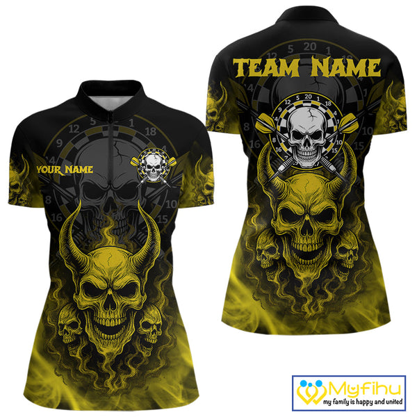 Custom Yellow Smoke Skull Darts Team Women Quarter-Zip Shirts, Halloween Dart Outfit NYN0086