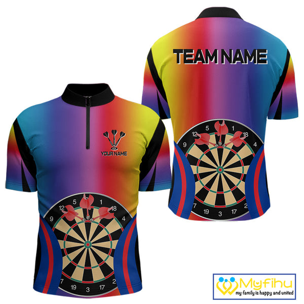 Custom Colorful Dartboard Darts Team Men Quarter-Zip Shirt, Dart League Shirt NYN0092