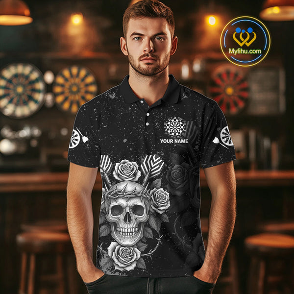 Custom Black And White Skull And Roses Dart Team Men Polo Shirt, Halloween Dart Outfit NYN0442