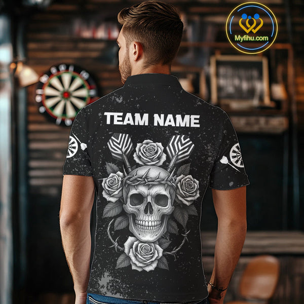Custom Black And White Skull And Roses Dart Team Men Polo Shirt, Halloween Dart Outfit NYN0442