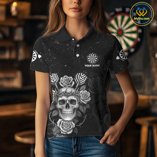 Custom Black And White Skull And Roses Dart Team Women Polo Shirt, Halloween Dart Outfit NYN0442