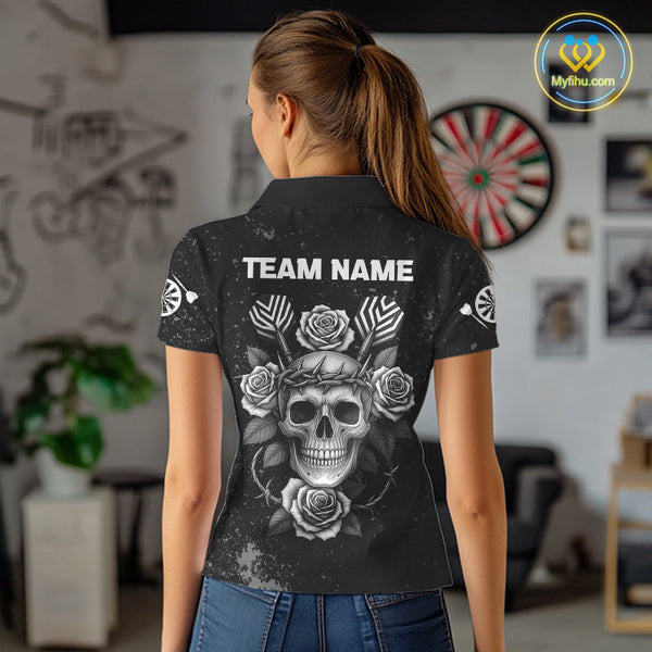 Custom Black And White Skull And Roses Dart Team Women Polo Shirt, Halloween Dart Outfit NYN0442