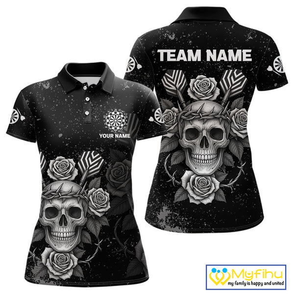 Custom Black And White Skull And Roses Dart Team Women Polo Shirt, Halloween Dart Outfit NYN0442