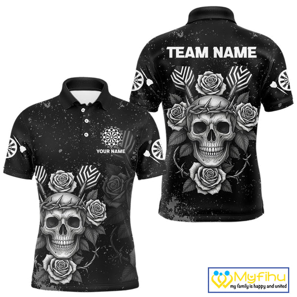 Custom Black And White Skull And Roses Dart Team Men Polo Shirt, Halloween Dart Outfit NYN0442