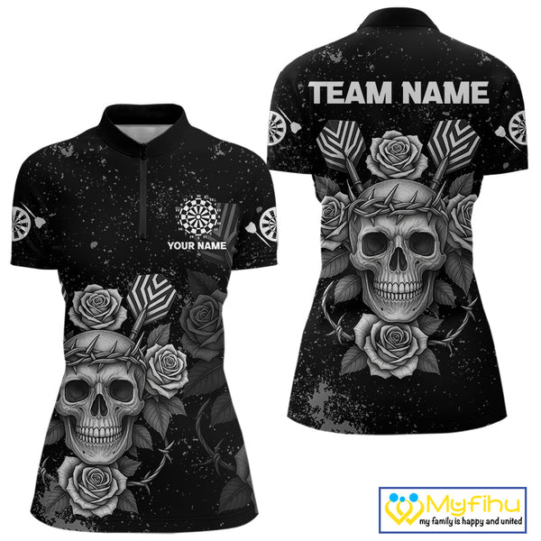 Custom Black And White Skull And Roses Dart Women Quarter-Zip Shirt, Halloween Dart Outfit NYN0442