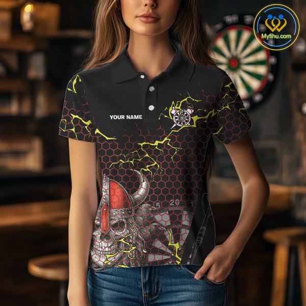 Custom Black And Red Viking Skull Dart Polo Shirt For Women, Dart Team Jerseys NYN0445