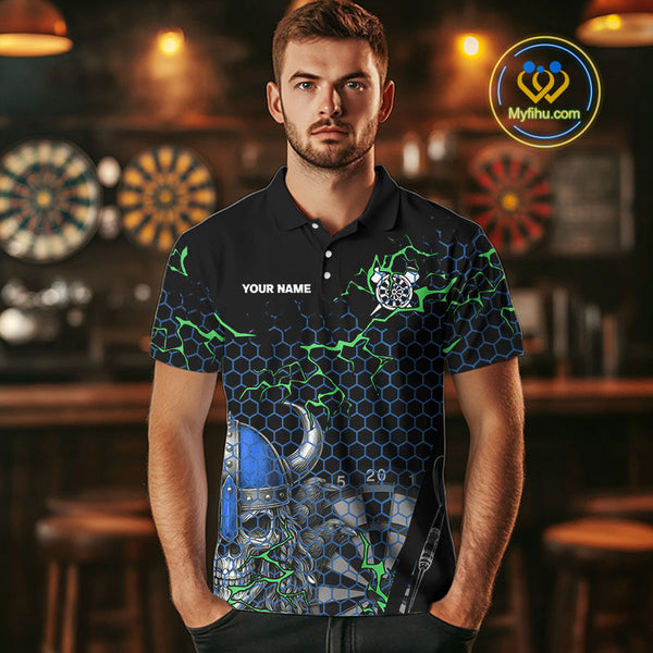 Custom Black And Blue Viking Skull Dart Polo Shirt For Men, Dart Team Jerseys NYN0446