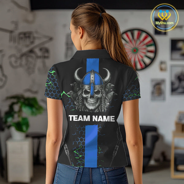 Custom Black And Blue Viking Skull Dart Polo Shirt For Women, Dart Team Jerseys NYN0446