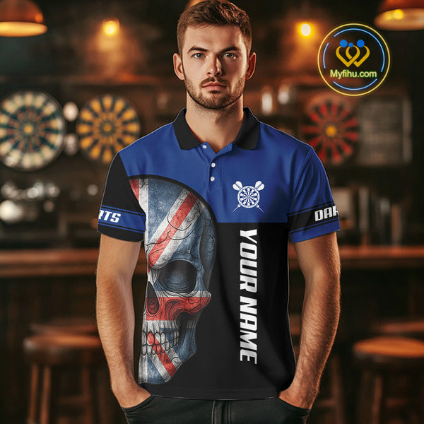 Custom Black Blue Skull Darts Polo Shirts For Men, Uk Flag Dart Jerseys NYN0701