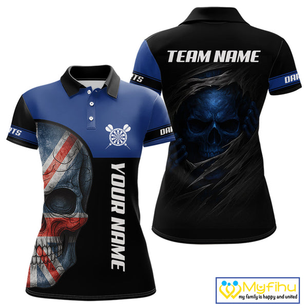 Custom Black Blue Skull Darts Polo Shirts For Women, Uk Flag Dart Jerseys NYN0701