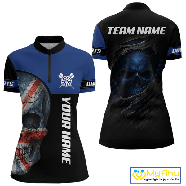 Custom Black Blue Skull Darts Quarter-Zip Shirts For Women, Uk Flag Dart Jerseys NYN0701