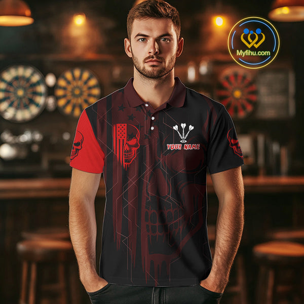 Custom Black And Red Flame Skull Dartboard Polo Shirts For Men, Halloween Outfit NYN0702