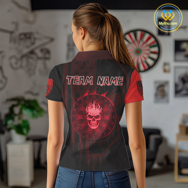 Custom Black And Red Flame Skull Dartboard Polo Shirts For Women, Halloween Outfit NYN0702
