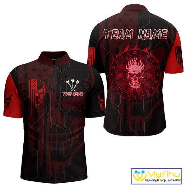 Custom Black And Red Flame Skull Dartboard Quarter-Zip Shirts For Men, Halloween Outfit NYN0702