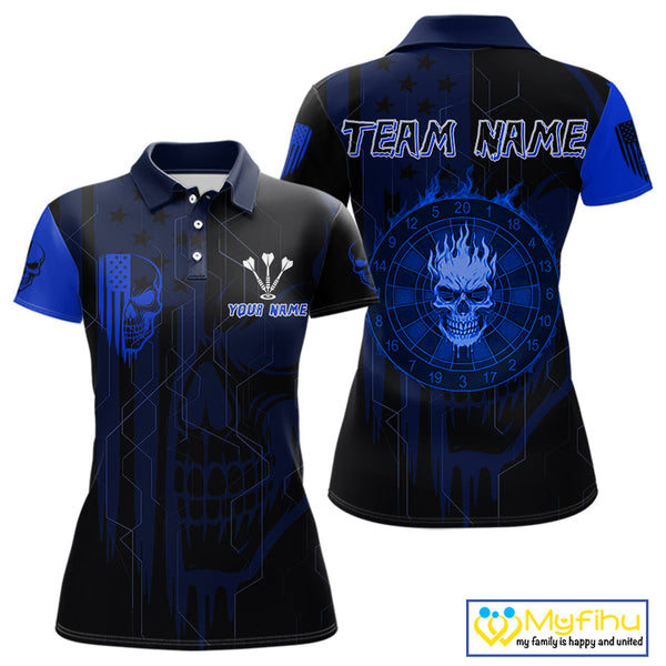 Custom Blue Skull Flame Dartboard Dart Polo Shirts For Women, Halloween Dart Jersey NYN0704