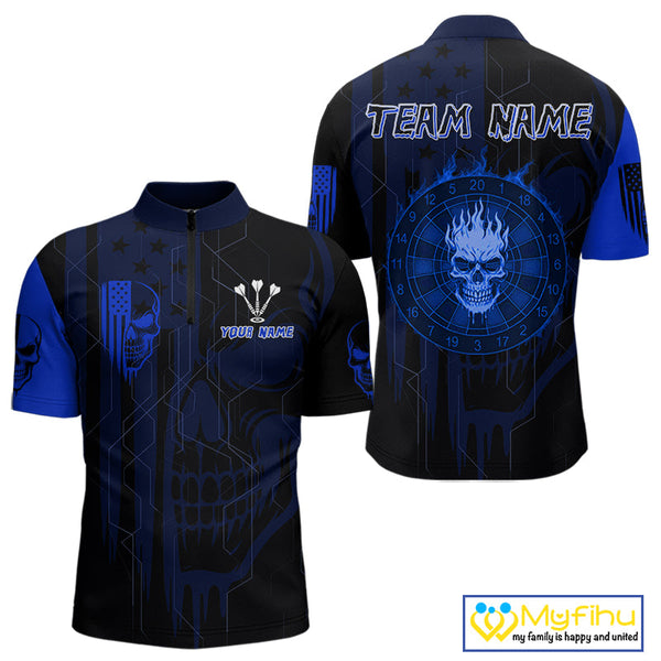 Custom Blue Skull Flame Dartboard Dart Quarter-Zip Shirts For Men, Halloween Dart Jersey NYN0704