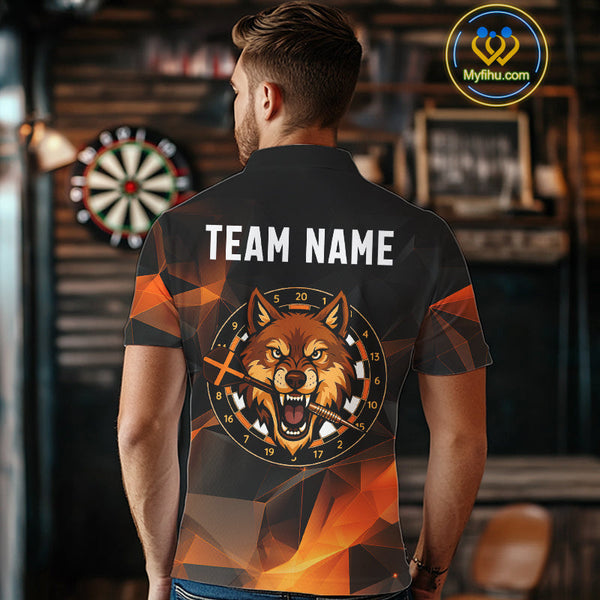 Custom Black And Orange Polygon Pattern Wolf Dart Team Men Polo Shirts, Dart League Shirt NYN0099